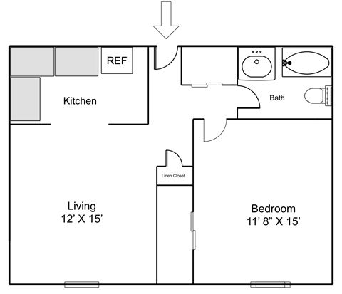 a floor plan of a 1 bedroom floor plan with a bathroom and a kitchen
